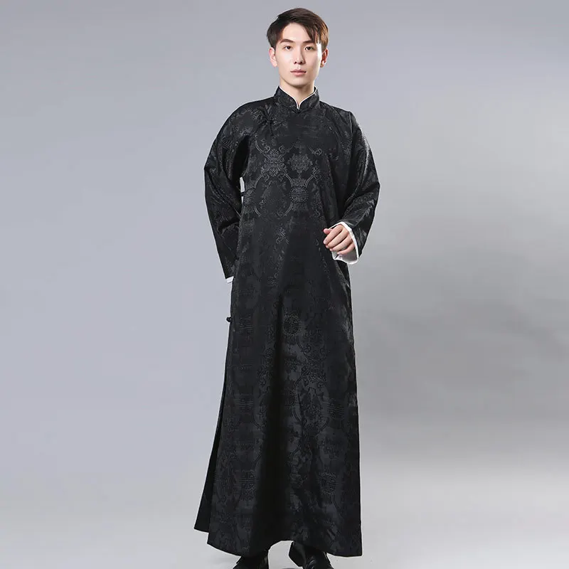Men Chinese Traditional Style Tang Suit Long Robes Crosstalk Stage Costume Groomsman Retro Red Print Qipao Dress Gown