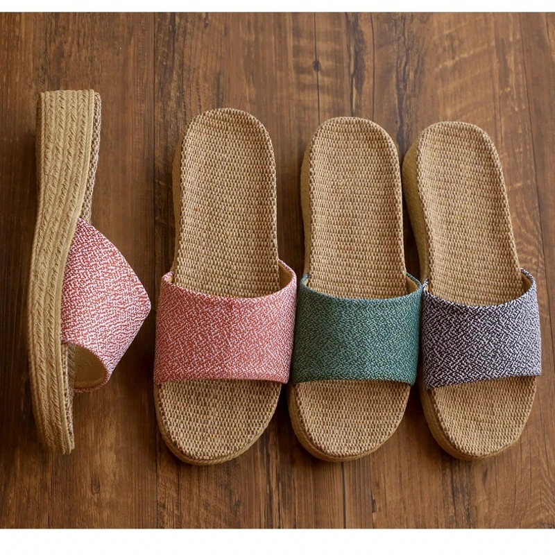 

0955 Flax Slippers Summer Beach Linen Slide Sole Sandals Leisure Ladies Home Indoor Bathroom Non-slip Shoes
