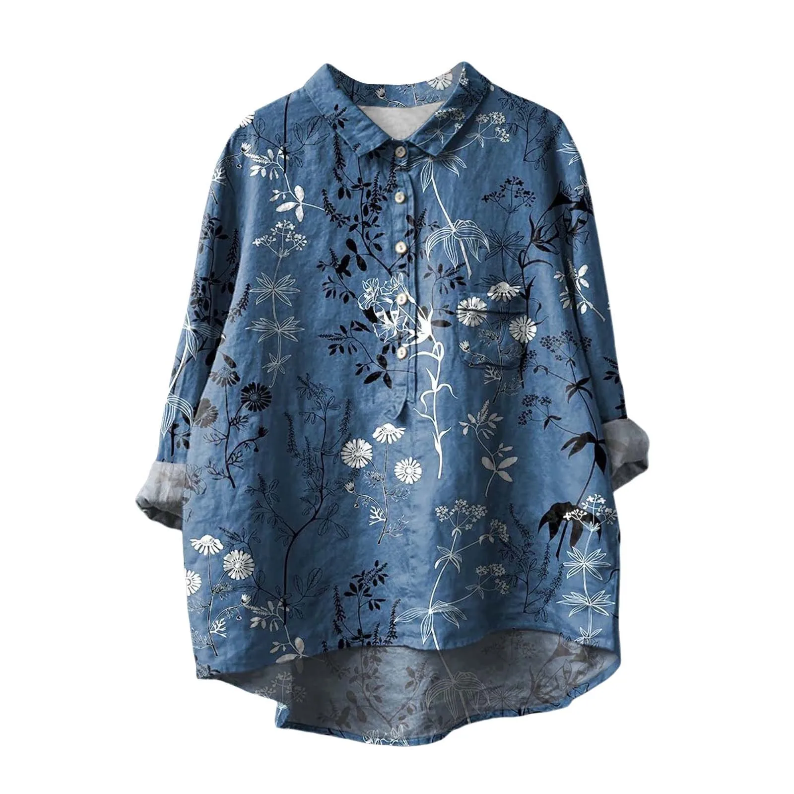 Flower Pattern Printed Women's Lapel Neck Casual Cotton And Linen Womens Loose Fit T Shirts Extra Long Sleeve Tops for Women women t shirt