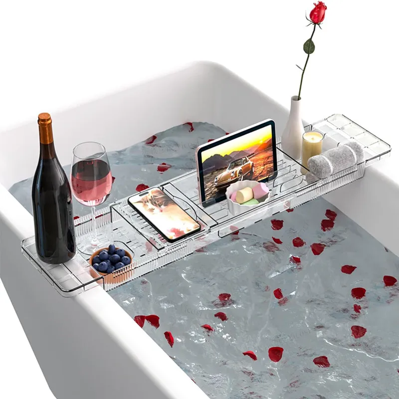 Expandable Bathtub Tray Plastic Tub Tray For Bathtub Storage Rack for Bath Supplies Towel Body Wash Phone Shelf