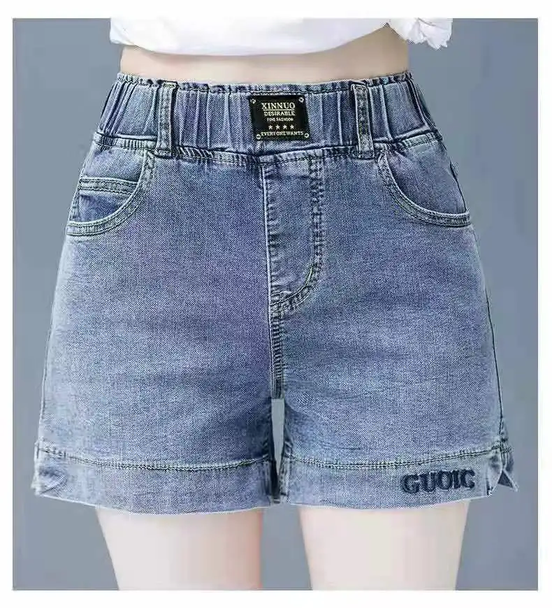 2025 Summer New Women's Elastic Waist Korean Edition Slimming Wide Leg Pants High Waist Cowboy Shorts