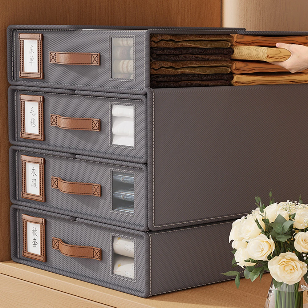 4-piece Storage Box Non-woven Fabric Breathable Moisture-proof Collapsible Storage Box With Leather Handle For Storage Bedding 2