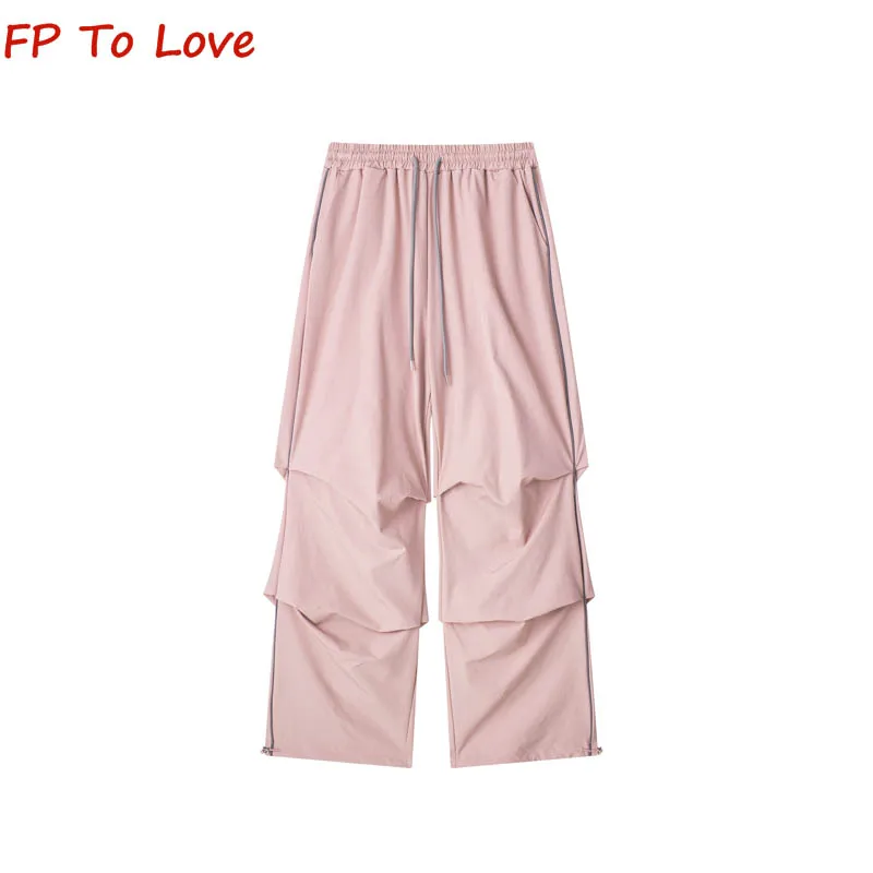 

Y2K Spicy Style Elastic Waist Drawstring Loose Wide Leg Pants Women's Casual Sandwich Pleated Two Side Street