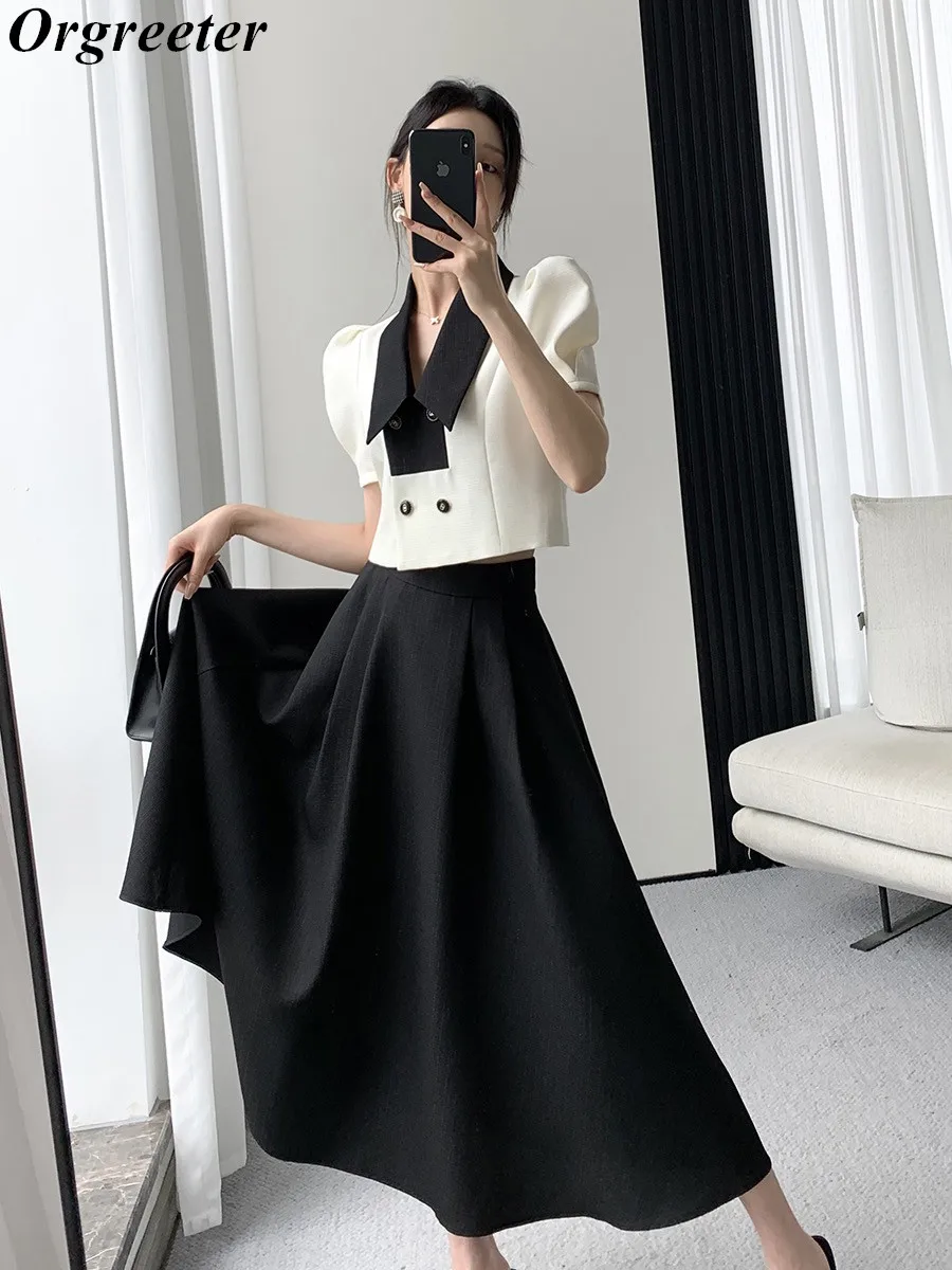 Small fragrance Wind Thin Tweed Two Piece Set Women Elegant OL Short Jacket  Tops +High Waist A-line Midi Skirt Suits Female