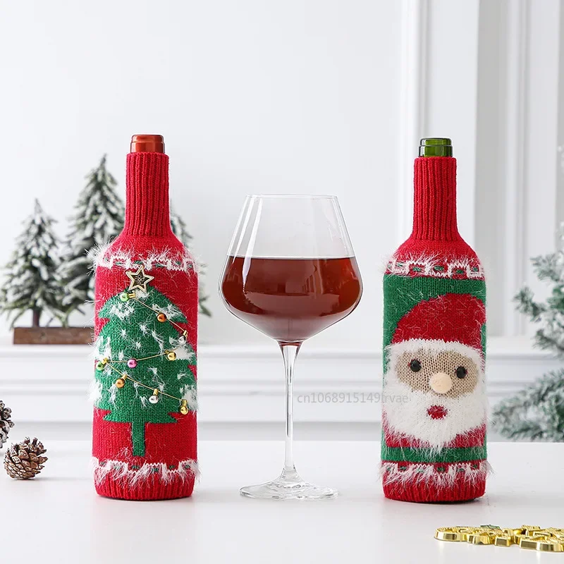 Christmas Wine Bottle Cover Set Santa Snowman Woven Wine Bottle Bags For Xmas Party Dinner Table Decor Navidad New Year Gifts