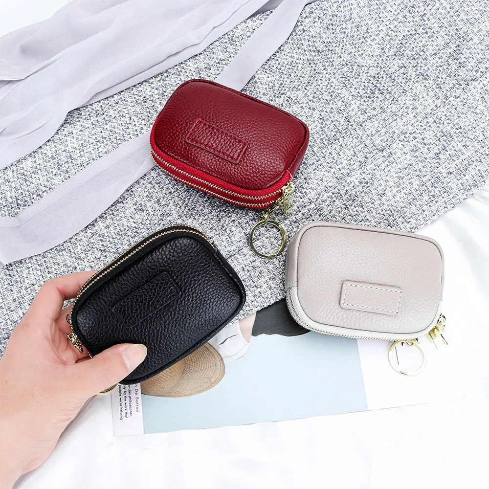 2 Zippered Genuine Leather Coin Purse Large Capacity Change Pouch Little Travel Wallet with Key Ring for Women Short Small Pouch
