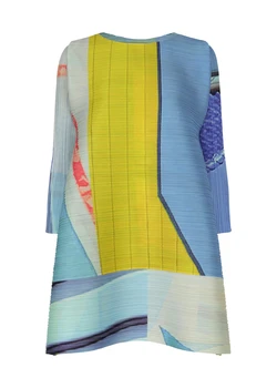 Miyake Pleated City Collage Round Neck Long Sleeved Dress 1