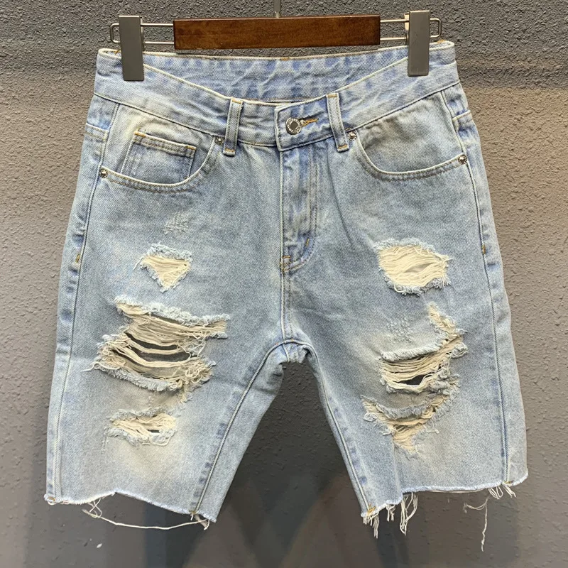Summer Men's Ripped Denim Shorts Light Blue Knee Length Jeans Fashion Trend Raw Hem Beggar Pants Breeches Denim Shorts Summer Jeans Shorts