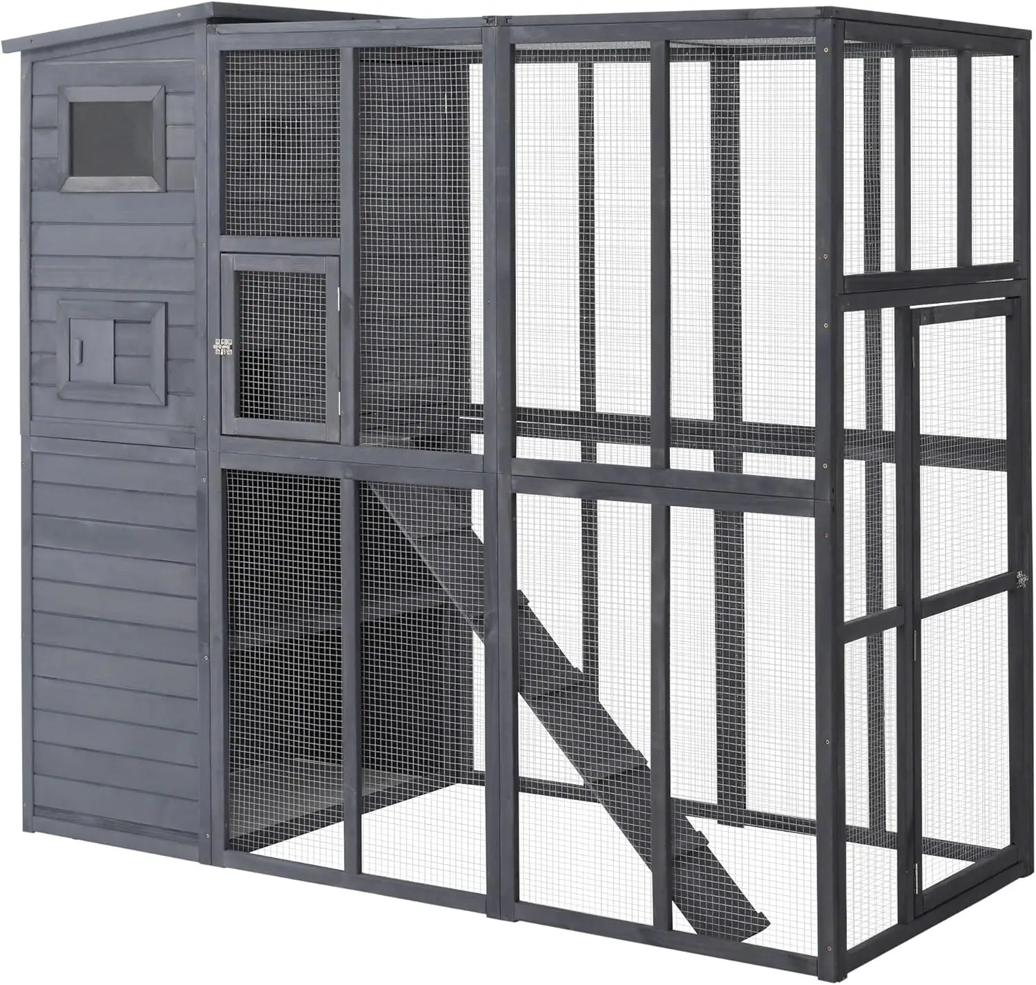 Outdoor Catio Cat House Wooden Feral Cat Shelter Cage with Platforms Waterproof Asphalt Roof Ramps 77" L Gray