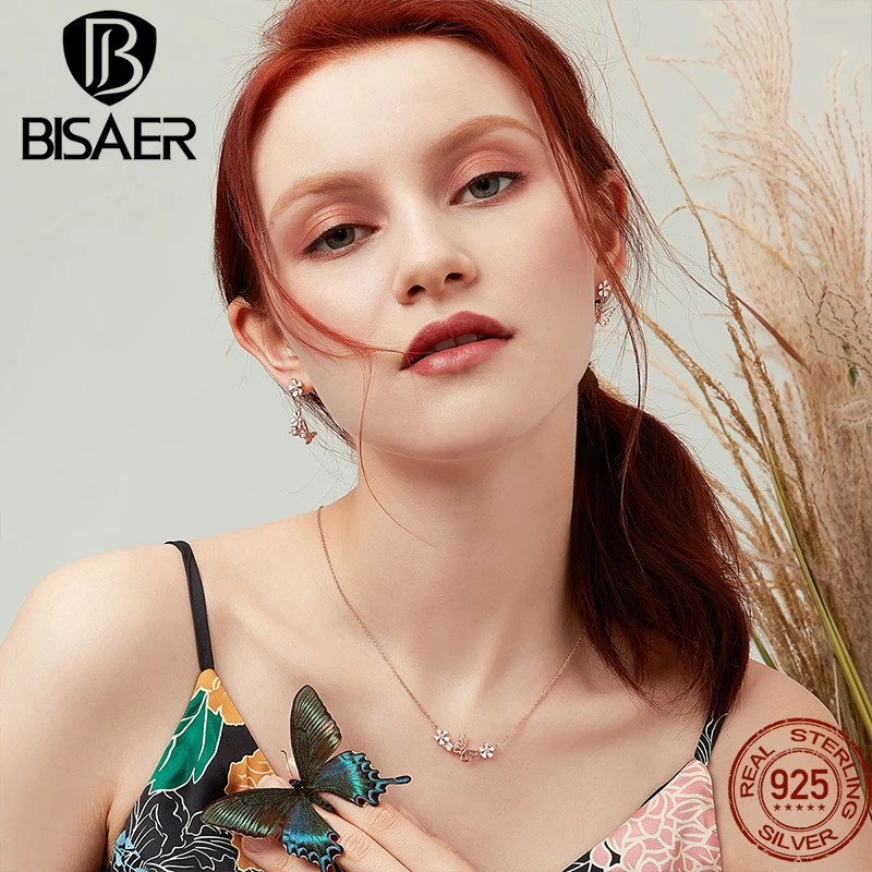 BISAER 나비 & 꽃 쥬얼리 세트 목걸이 귀걸이 도금 로즈 골드 여성을위한 우아한 파인 쥬얼리 선물