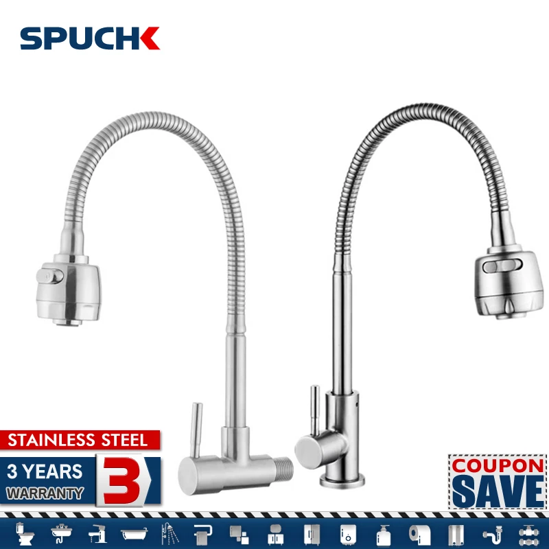 304 Stainless Kitchen Faucet Kitchen Sink Faucet Kitchen In-wall Cold Faucet Kitchen Mixer Tap Two Modes Nozzle Accessories