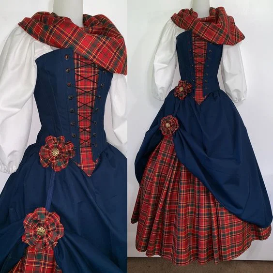 

Women 16th Century Renaissance Scottish Highland Ball Gown Outlander Claire Fraser Costume Fashion Dress With Scarf Set