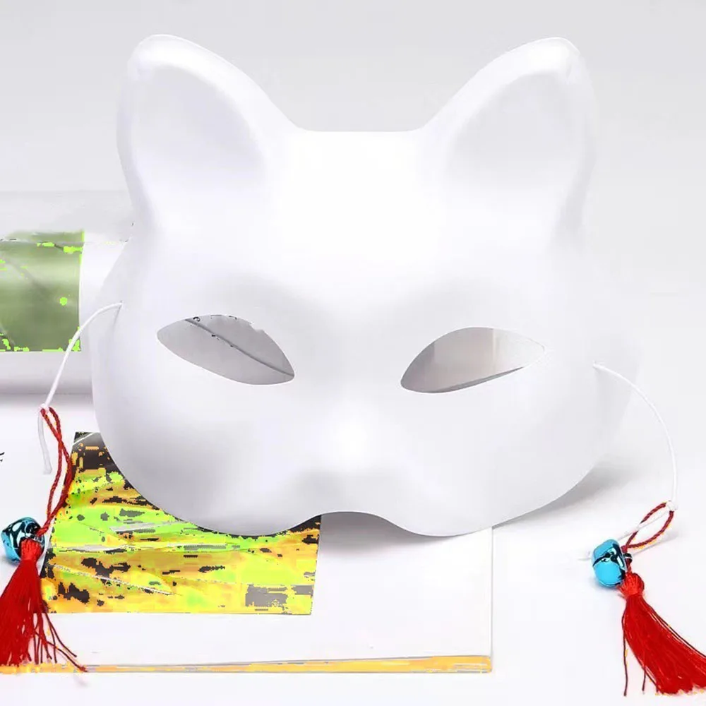 1pc Cat Face White Mask Matte Fox DIY Blank PVC Half Face Masks With Bells Halloween Party Masquerade Cosplay Dress Up Props face mask halloween mask party masks masquerade mask 3d face masks