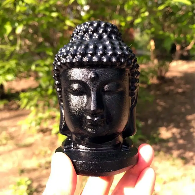 

Natural Obsidian Buddha Head Figurine Hand Carved Quartz Crystal Sakyamuni Figurine Feng Shui Crafts Healing Crystal Home 1pcs
