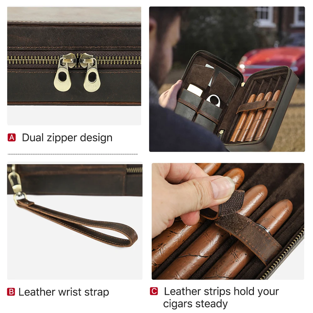 Luxury Cigar Humidor Box Crazy Horse Leather Cigar Case for Cigar Lighter Cutter Cigar Holder Travel Cigar Travel Humidifier