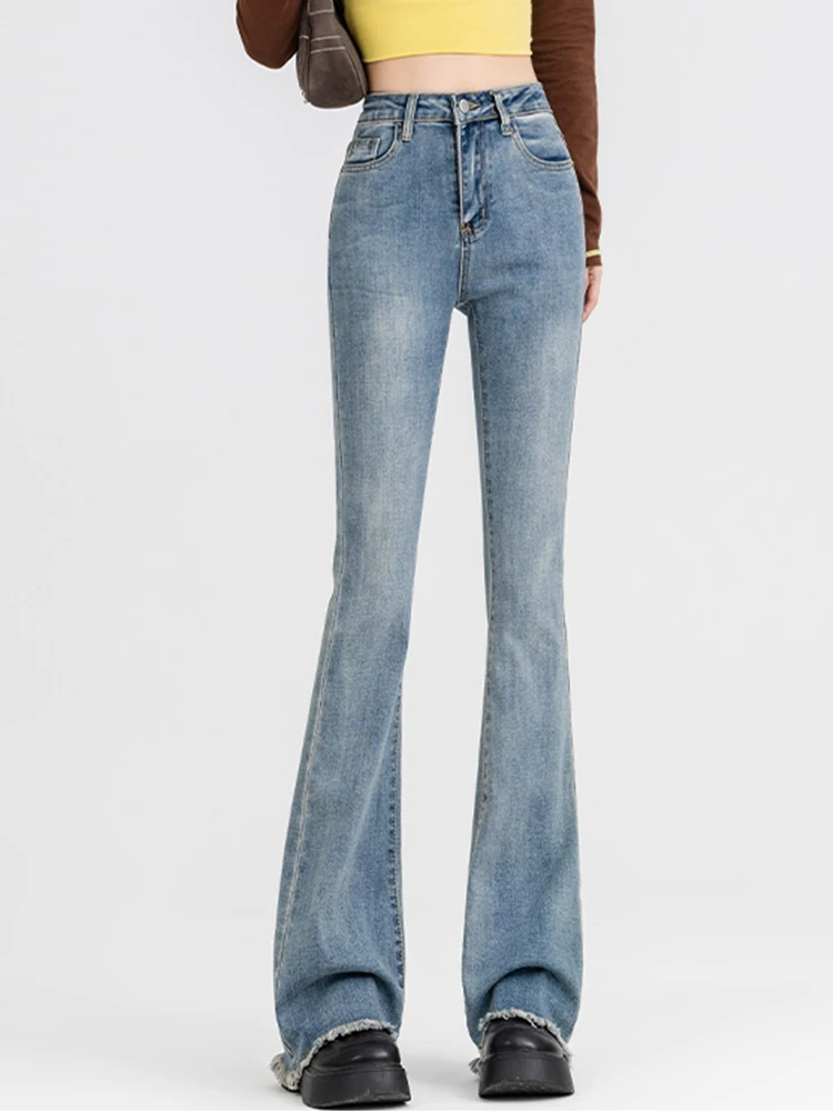 

Temperament Elastic Denim High Waist Slim Fit Flare Pants 2023 Autumn New Korean Fashion Women'S Clothing