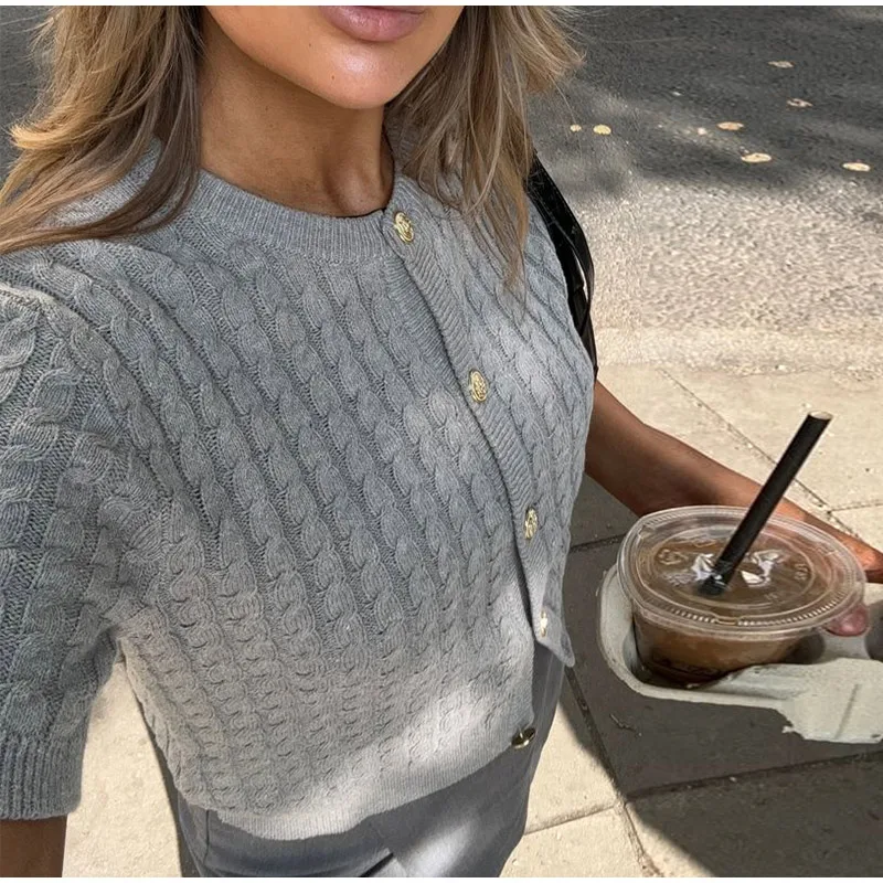 Knitted Single Breasted Cardigans Women Solid O-neck Short Sleeve Ribbed Sweaters Female Fashion New Slim Ladies Casual Top