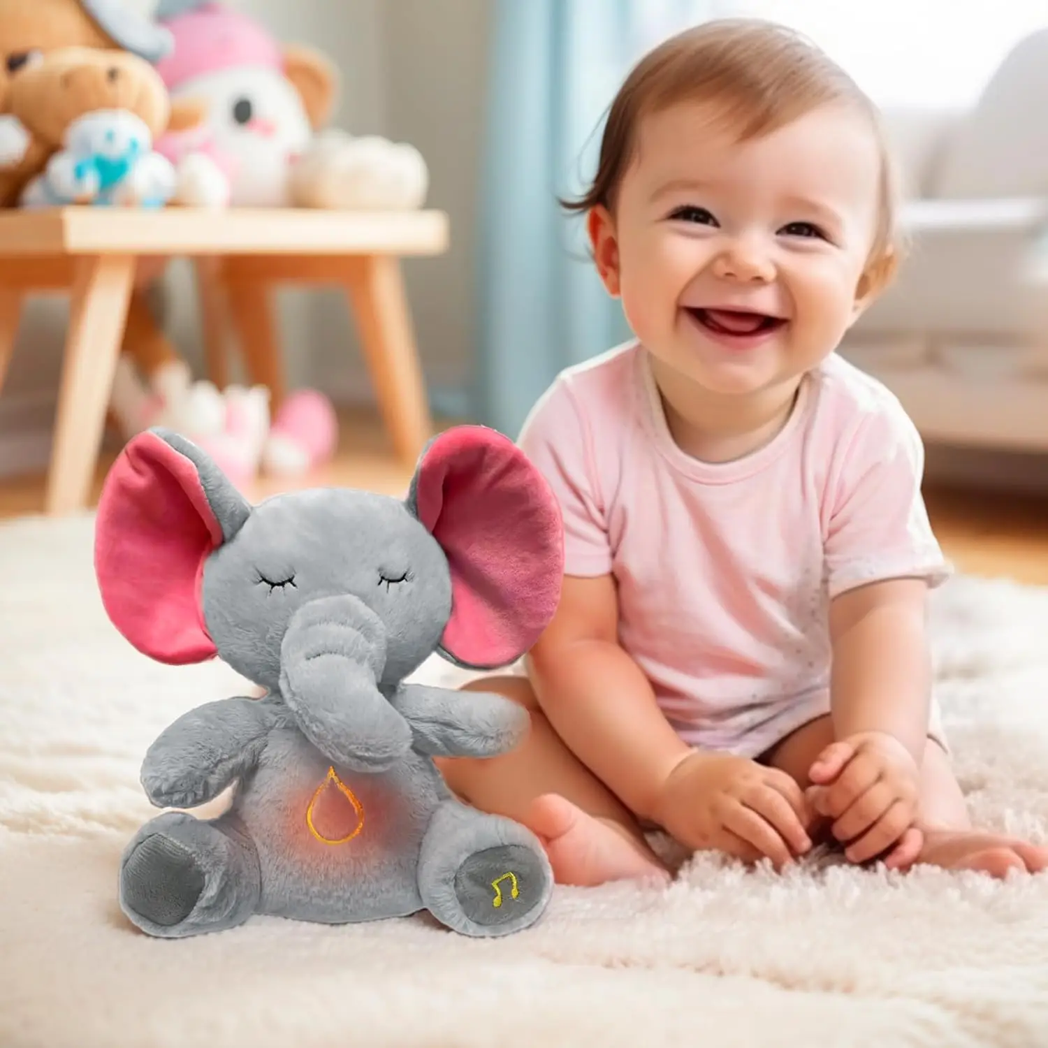 Baby Elephant Breathing Stuffed Animal Plush Doll Toy Sleeping Companion Music and Light Doll Sensory Stuffed Toy Kids