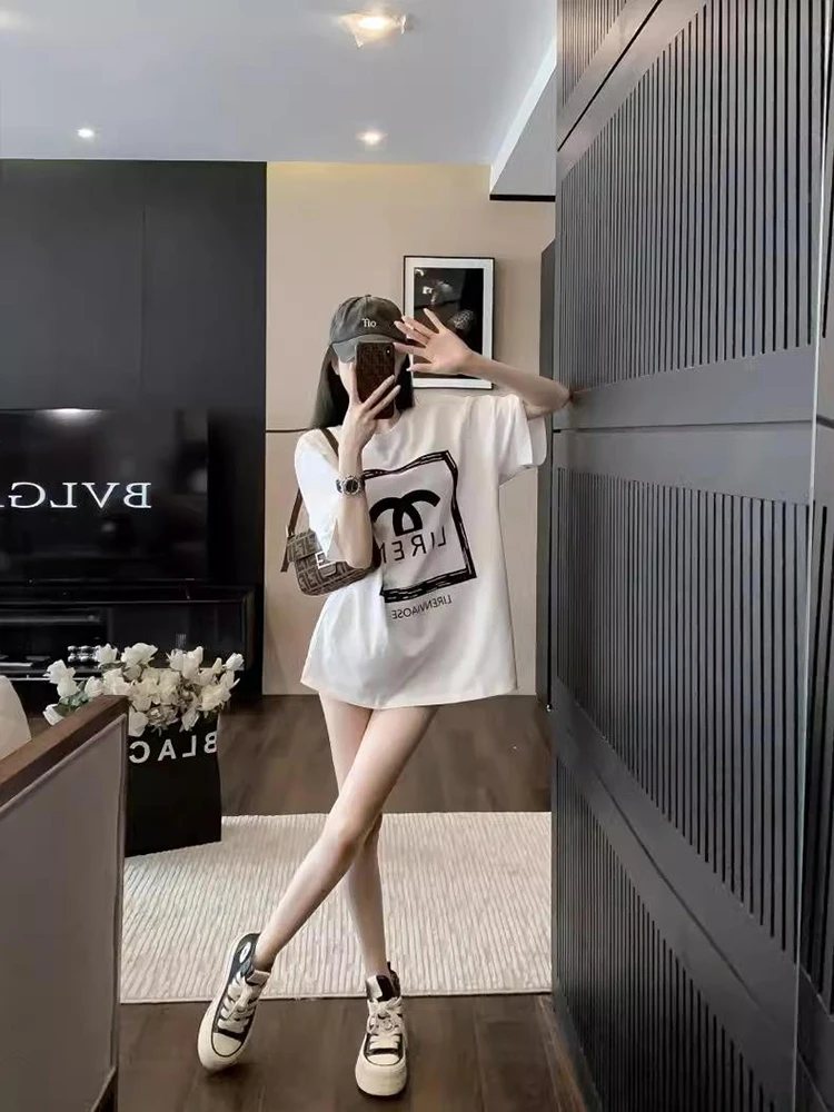 European version light luxury white T-shirt women's summer new short-sleeved design sense niche trendy brand loose top base ins 5