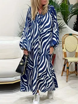 Plus Size Women's Striped Long Sleeve Shirt Dress Fashion Lantern Sleeve Dress Elegant Button Decoration Casual Long Dress 3