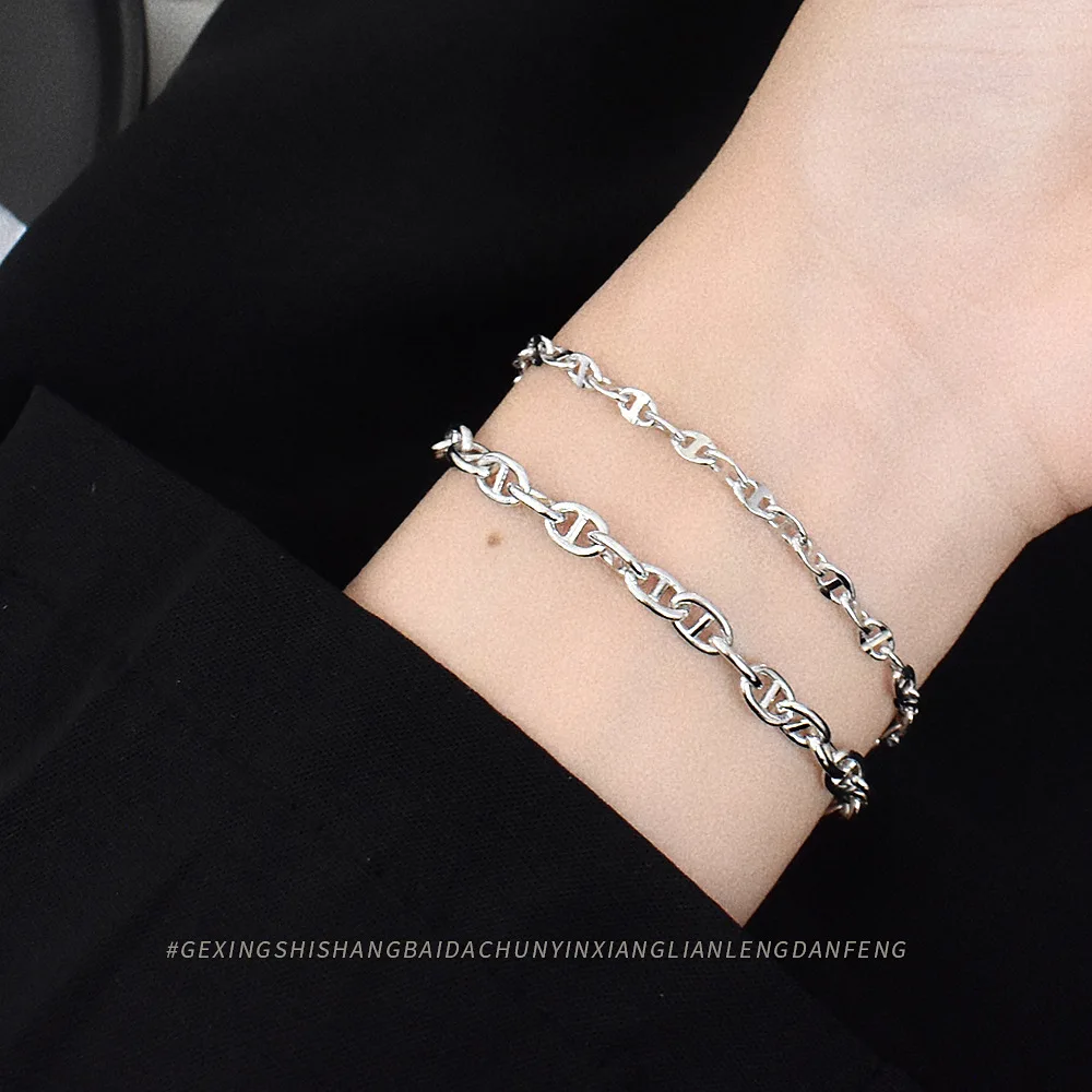 Ins Style Pure Silver Pig Nose Bracelet Heavy Handcrafted Bracelet for Personality Cold Style S925 Jewelry 3