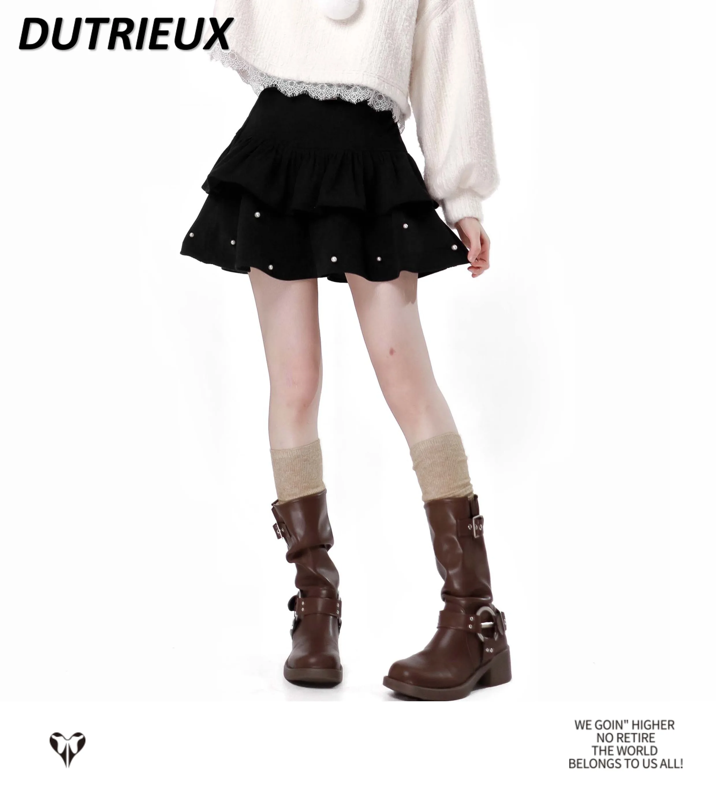 Sweet Cute Girl High Waist Ruffles All-Matching Short Skirt Spring and Summer Pearl Decoration Belt Cake Skirts for Women