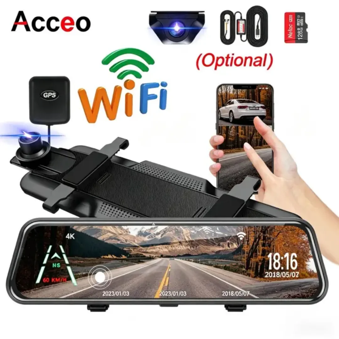 아세오 4K 미러형 블랙박스 10인치 터치스크린 WiFi GPS 전후방 듀얼 렌즈 야간 시야 주차 모니터링 루프 녹화 차량용 DVR