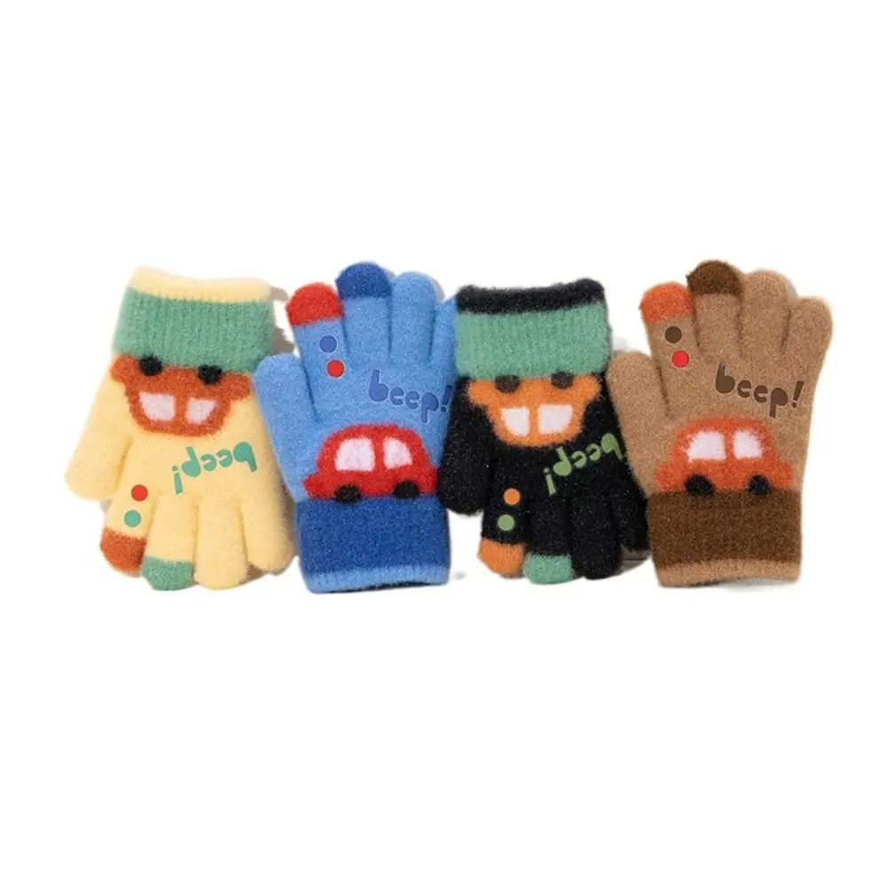Cartoon Car 3-6 Years Old Winter Knitted Gloves Warm Thickend Five-finger Gloves Elastic Fashion Kids Gloves Outdoor
