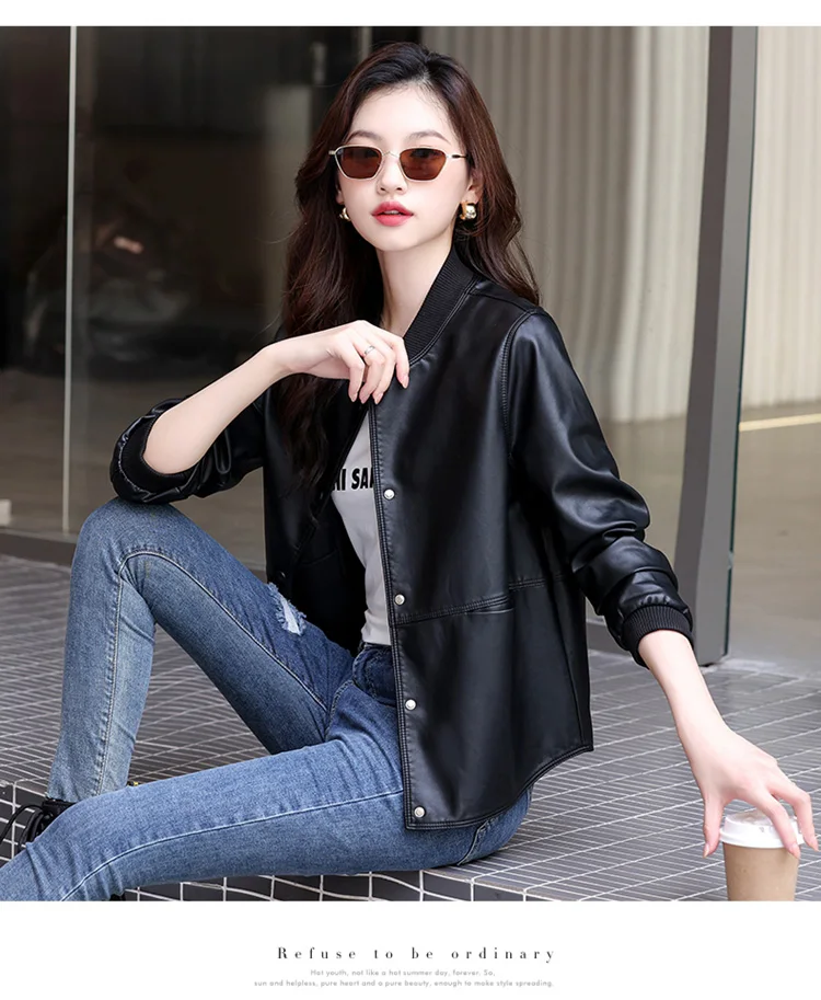 New Women Casual Leather Jacket Spring Autumn Fashion Patchwork V-Neck Single Breasted Loose Short Outerwear Split Leather