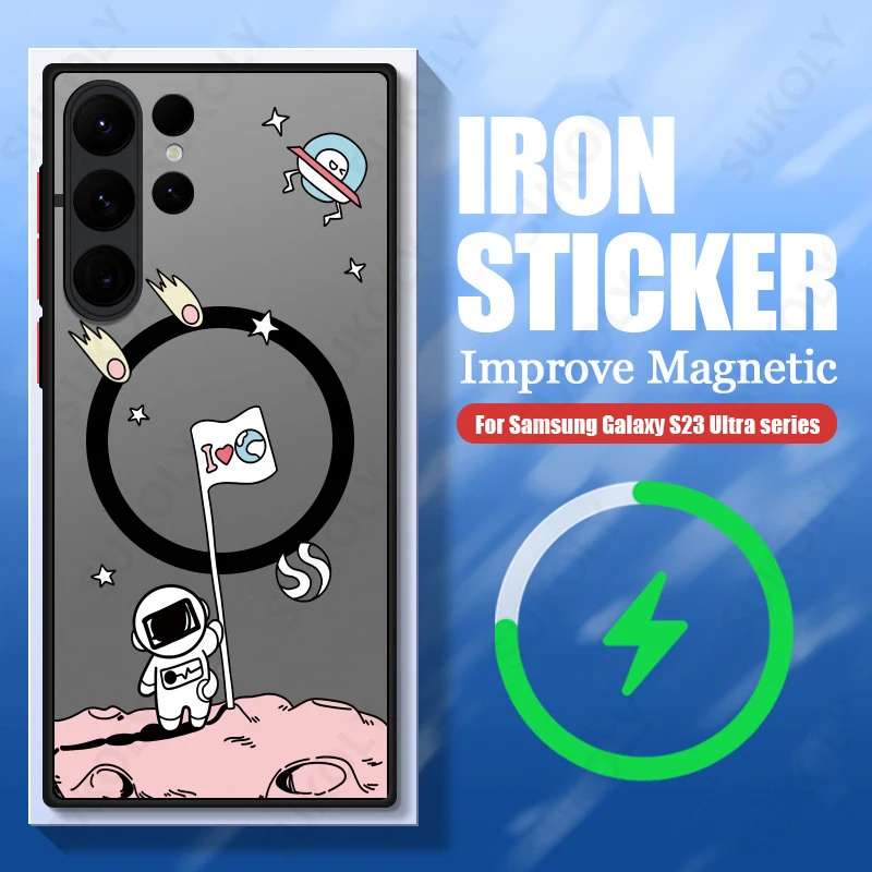 Astronaut Magsafe Charging Matte Acrylic Phone Cover with Iron Ring Design