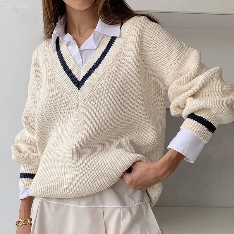 Women Sweaters Preppy Style Knitted Sweater Woman Cotton Long Sleeve Sweater  Autumn Winter Pullover Tops Vintage V Neck Sweaters - AliExpress