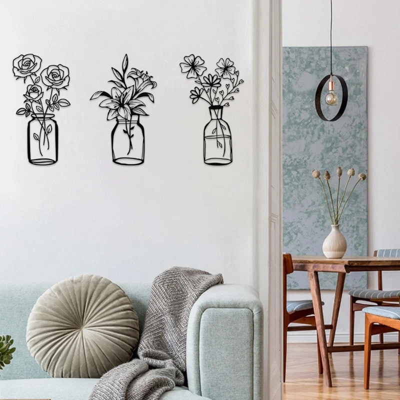 3pcs-Flower-Vase-Metal-Wall-Decor-Black-Iron-Decor-Wall-Sculpture-for-Bedroom.jpg 3Db Virág Váza Fém Fali Dekoráció Fekete Vas Szobor Hálószobához - Image 4