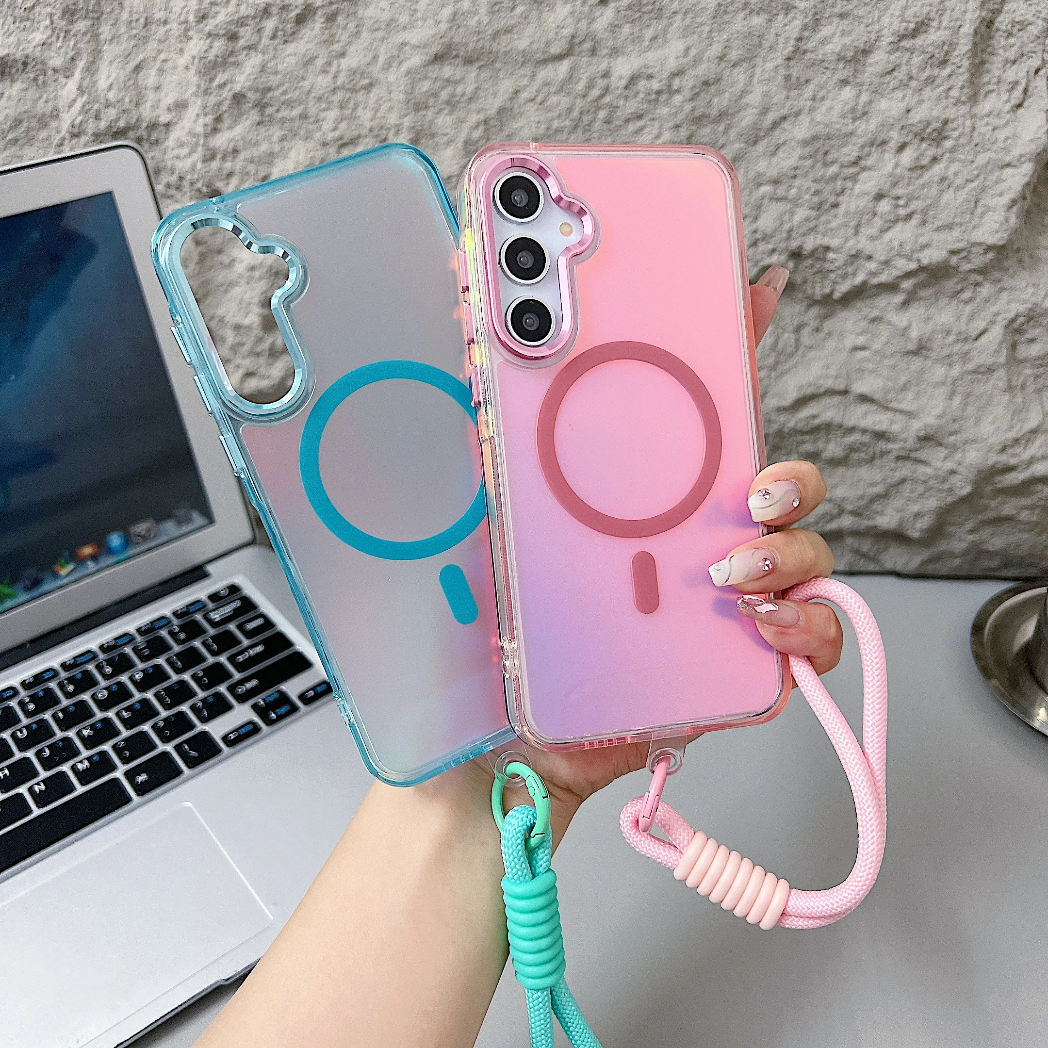Fashion Laser Gradient Magnetic Lanyard Shockproof Phone Case with Magsafe Compatibility