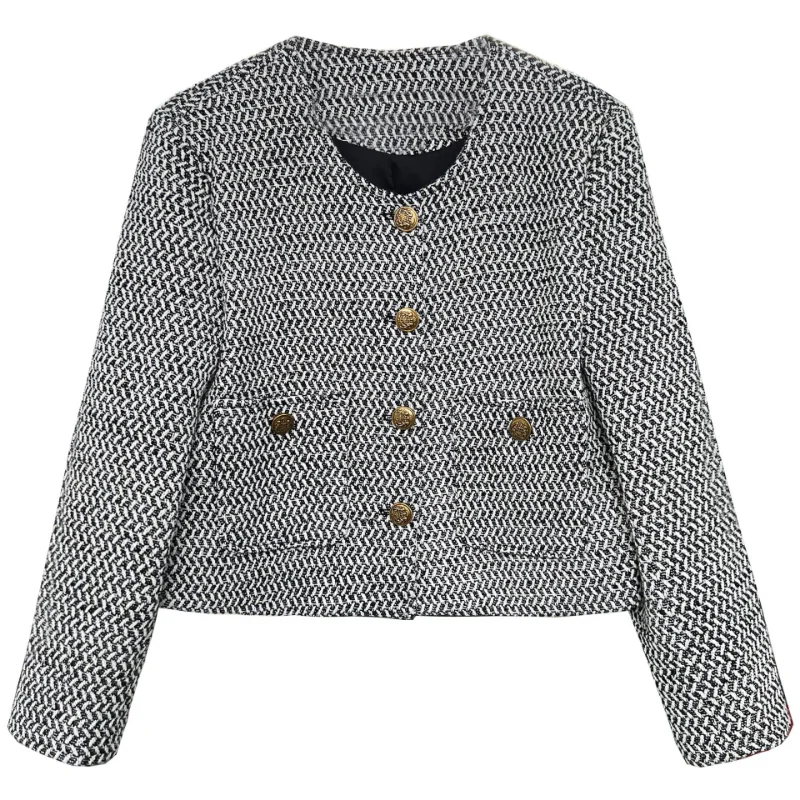Women Casual Basic Chic Tweed Small Fragrance Coat Autumn New Long-sleeved Round Neck Simple Korea Short Lady Woven Jacket 1687
