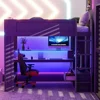 Wood Full Size Gaming Loft Bed Desk, Multi-storage Shelves,LED and Charging Station,Dark Gray Kids Bed Boys Bed Children's Beds 2