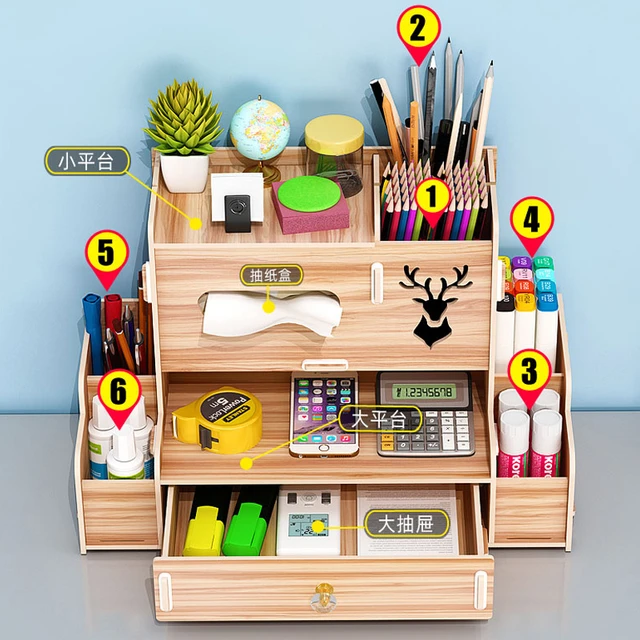 Organisateur de bureau en bois, boîtes de rangement de bureau  multifonctionnelles pour porte-stylo bricolage, papeterie de bureau,  support de