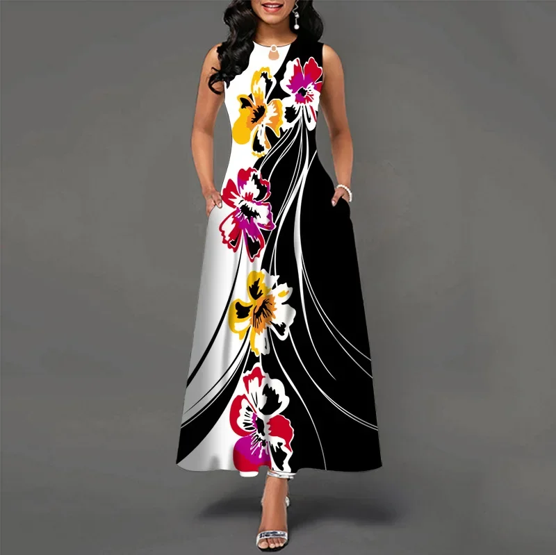 thumbnail image 1 of Vestido largo informal sin mangas con estampado de flores para mujer, cuello en V, estilo bohemio retro, 1 of 5