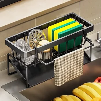 เหล็กคาร์บอนชั้นวางของในครัว Rag Storage ระบายน้ําชั้นวางของ Home Spice Sink ระบายน้ําจานราวตากผ้าอุปกรณ์ครัว 2