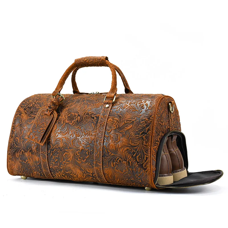 

Embossed Flower Vintage Full Grain Leather Travel Bag With Shoes Pocket Men Retro Crazy Horse Leather Duffle Women Luggage Bag