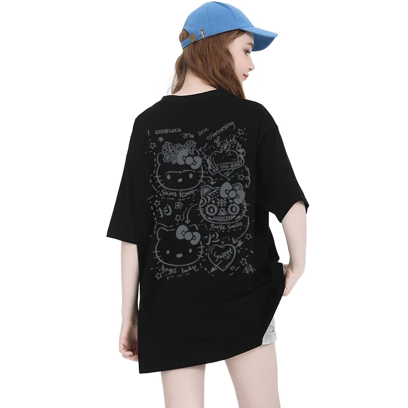 

Винтажная Футболка Sanrio с аниме Hello Kitty, свободные хлопковые футболки Kawaii Kt Cat, летняя рубашка с коротким рукавом для девушек, топ с мультяшным рисунком, уличная одежда