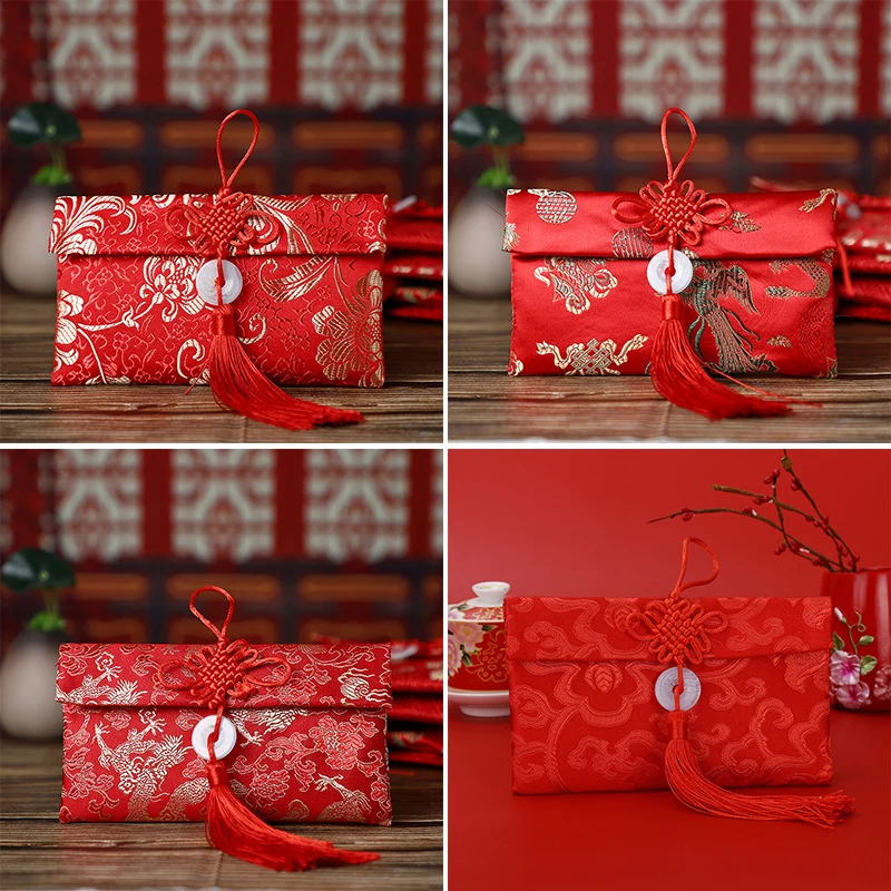 Money Red Packets Wedding Engagement Gift Jade Buckle Money Bag Brocade Red Envelopes 2025 CNY Festival Blessing Gifts
