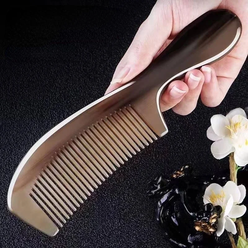 Natural Horn Massage Comb Round Fine Tooth Anti-Static Hair Straighter Curl Combs with Handle 2