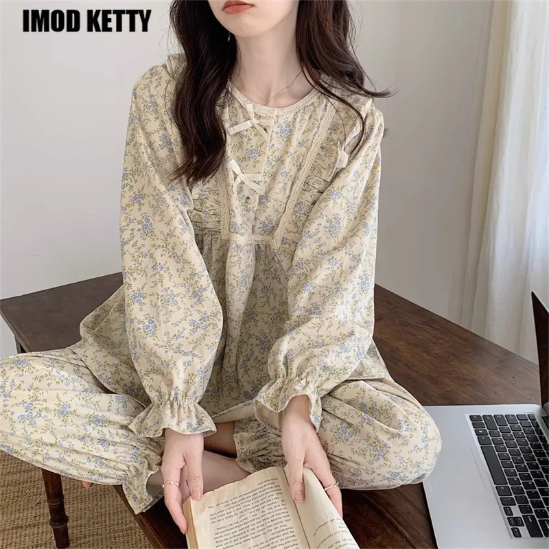 

O-neck Night Wears Lace Sleepwear Women Pajamas Set for Home Floral Vintage Long Sleeve Pants Suit 2 Pieces Spring Ruffle Korean