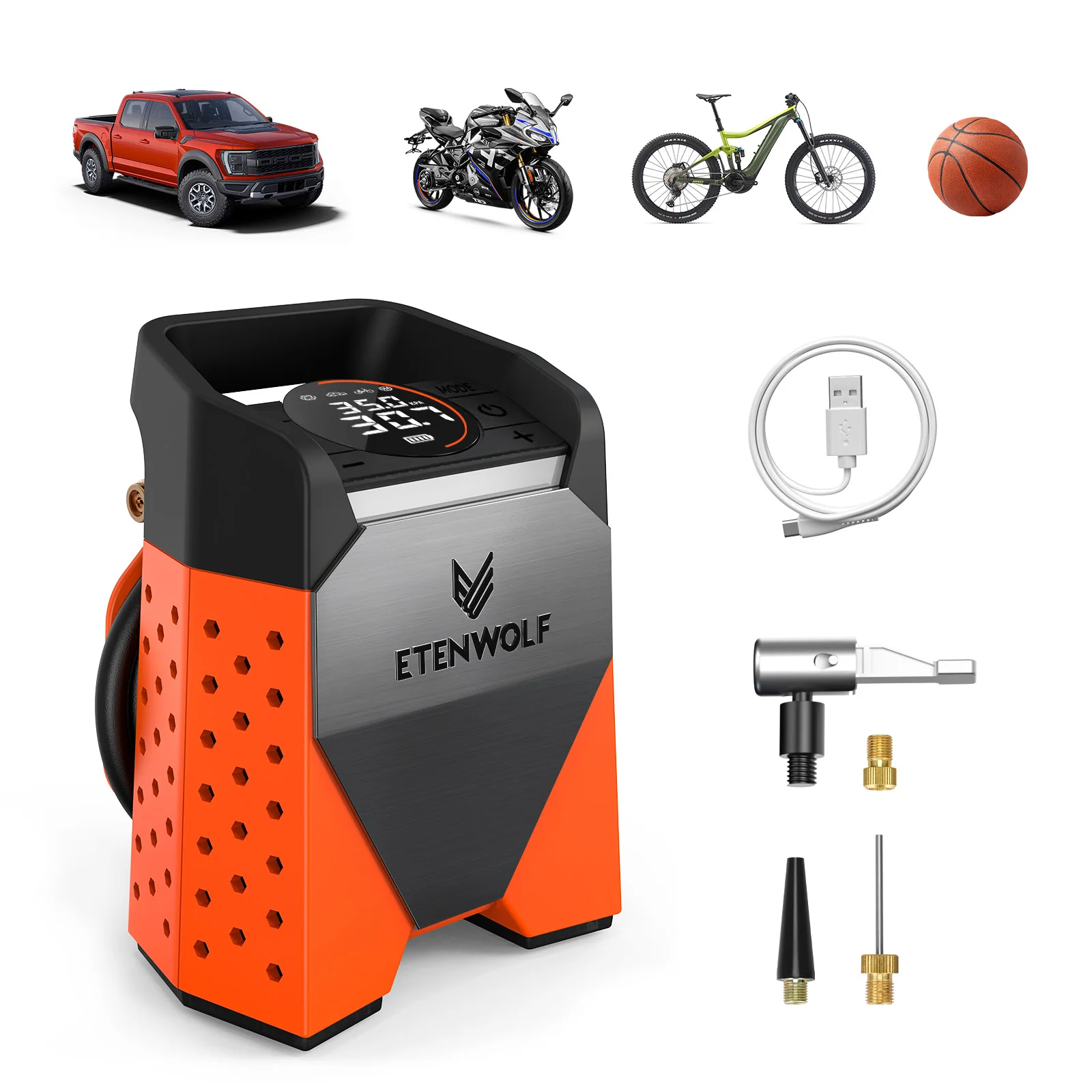 ETENWOLF ZEPHYR S3C Compresor de aire portátil 100% Inflador de neumáticos de automóvil de ciclo de trabajo 7800 mAh para automóviles, motocicletas, bicicletas Pelotas