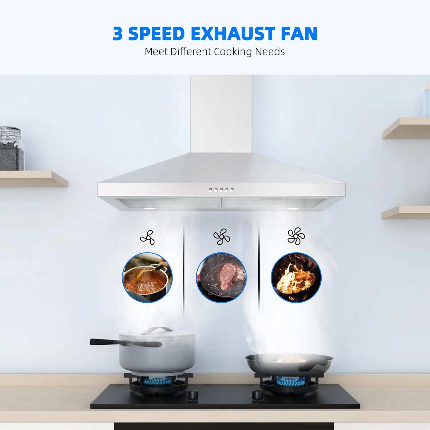 Stainless Steel Wall Mount Kitchen Hood 450 CFM with 3 Speed Exhaust Fan, Ducted/Ductless Convertible