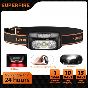 SUPERFIRE 미니 충전식 강력한 헤드 램프, USB 고출력 헤드 라이트, LED 방수 헤드 램프 센서, 토치 작업 프론트 라이트