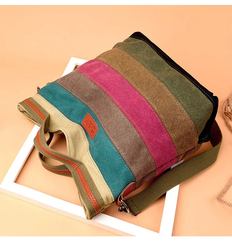 Modische Damen-Umhängetasche, Regenbogen-Streifen, Patchwork-Umhängetasche, große Kapazität, Canvas-Damenhandtaschen, Geschenk – Detail 12