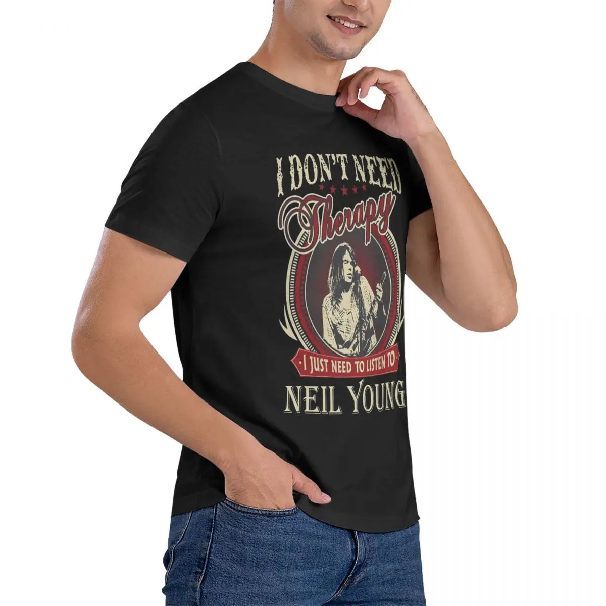 Need Therapy 나는 놀랄만한 코튼 티셔츠, 반팔, 닐 영 티셔츠, 크루넥