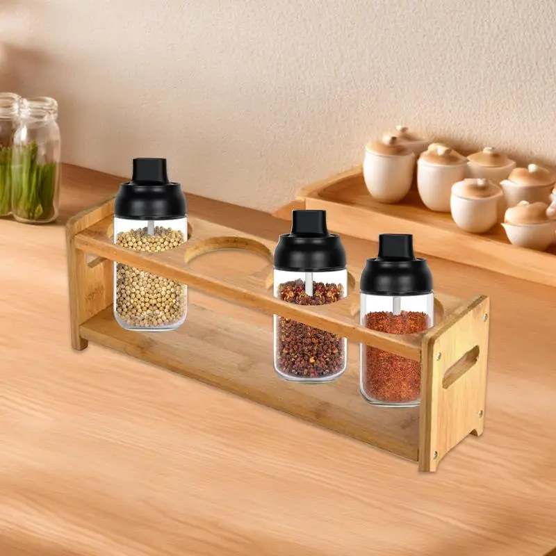 Seasoning Rack For Countertop Double-Layered Tray Holder Wine Glass Wooden Organizer Rack 4 Holes Seasoning Storage Rack Shelf