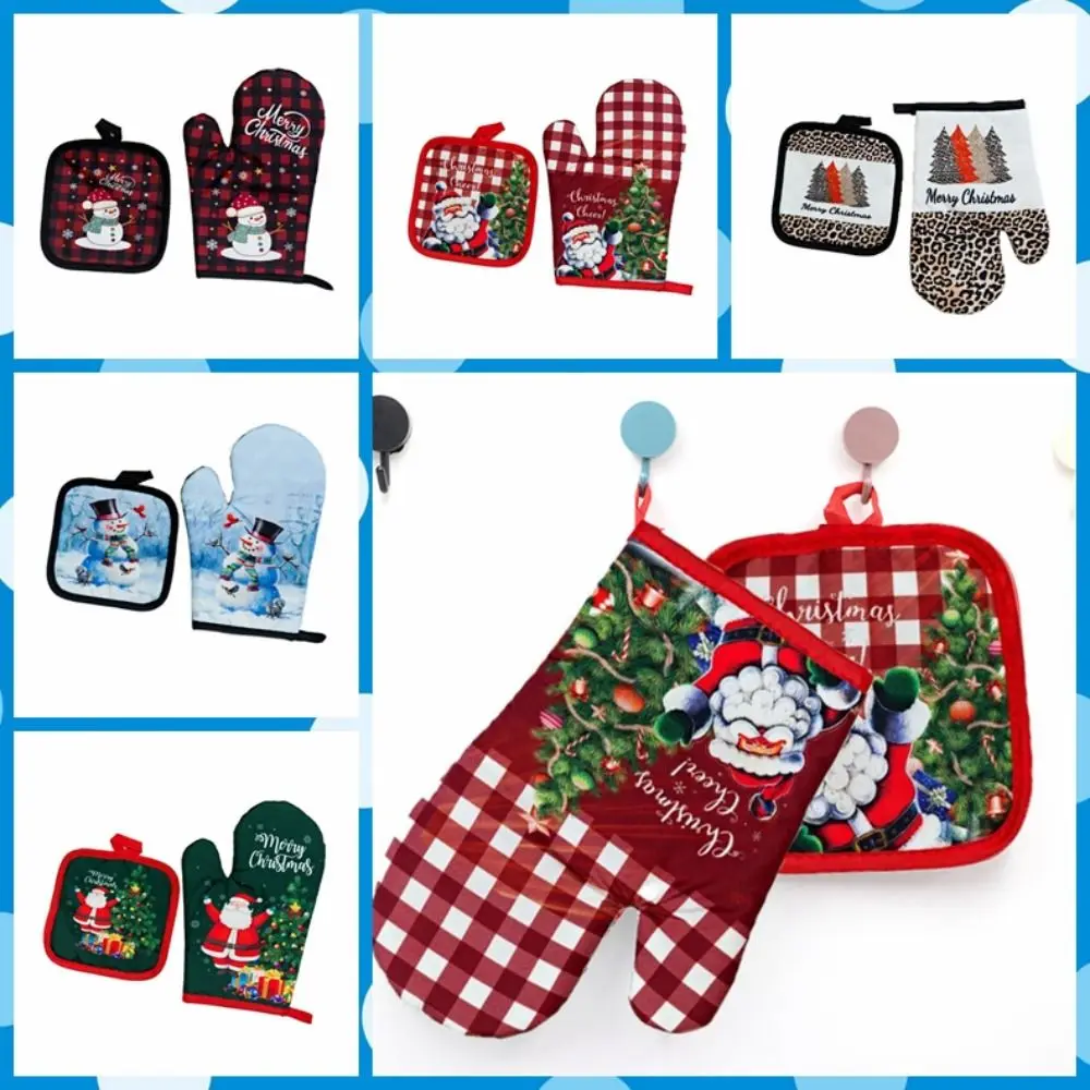 2pc/set Anti-Heat Christmas Microwave Glove Potholder Thickening Printing Christmas Oven Mitts Insulation Insulation Pad Baking silicone oven mitts kitchen gloves silicone oven gloves cotton pot holders